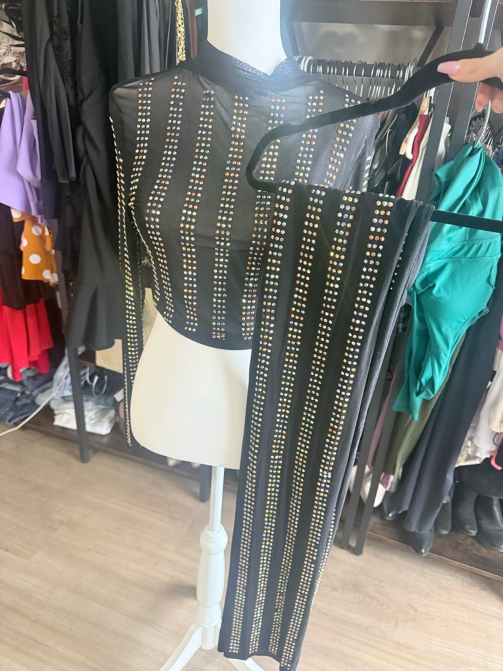 Black Two-Piece Studded Mesh Set - Sparkle Stripe Detail